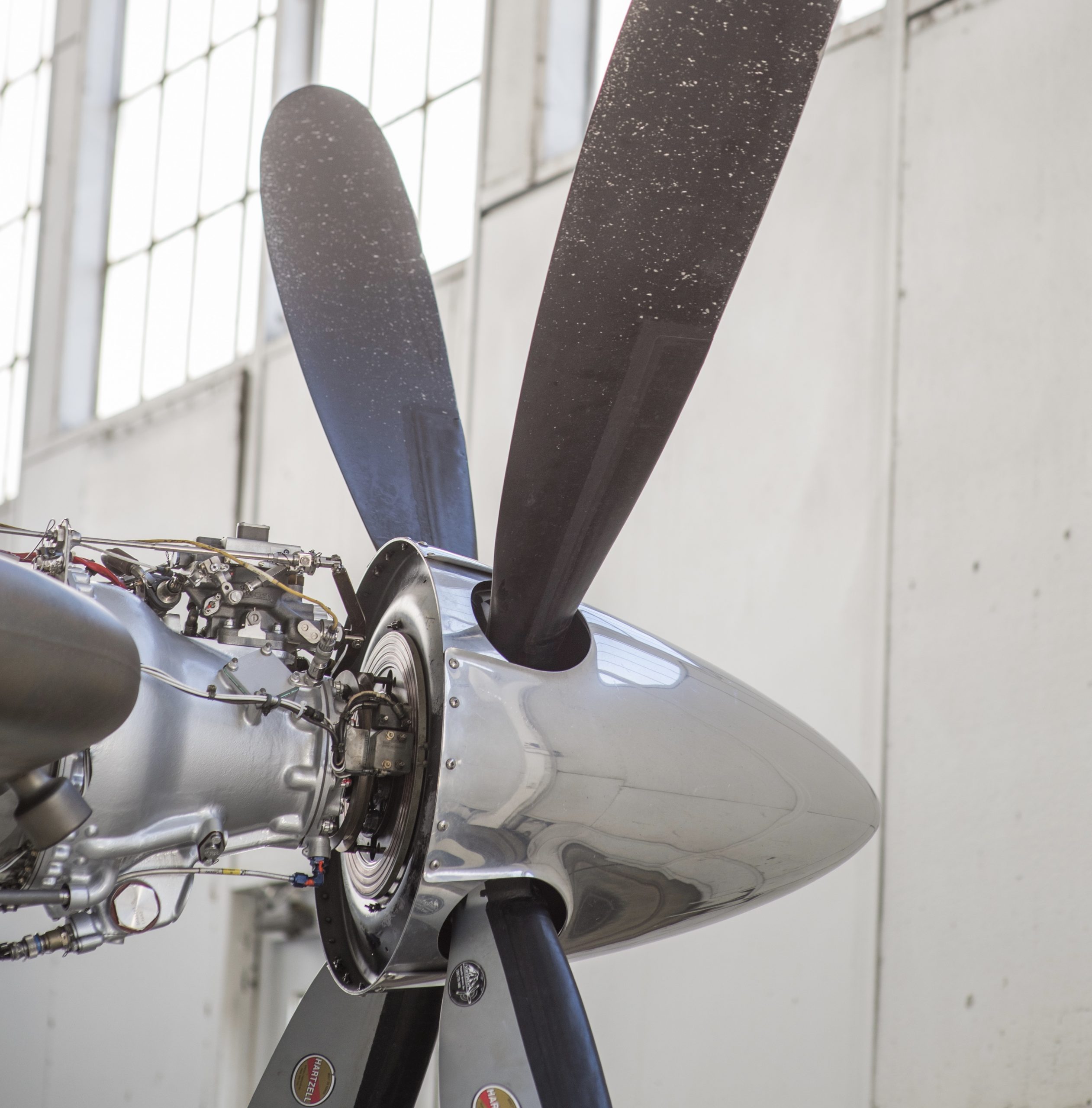 A closeup of an airplane propeller.